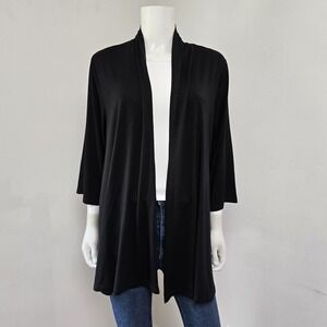 Karen Kane Cardigan Size 1X Black Open Front Solid Stretch Knit 3/4 Slv Sweater
